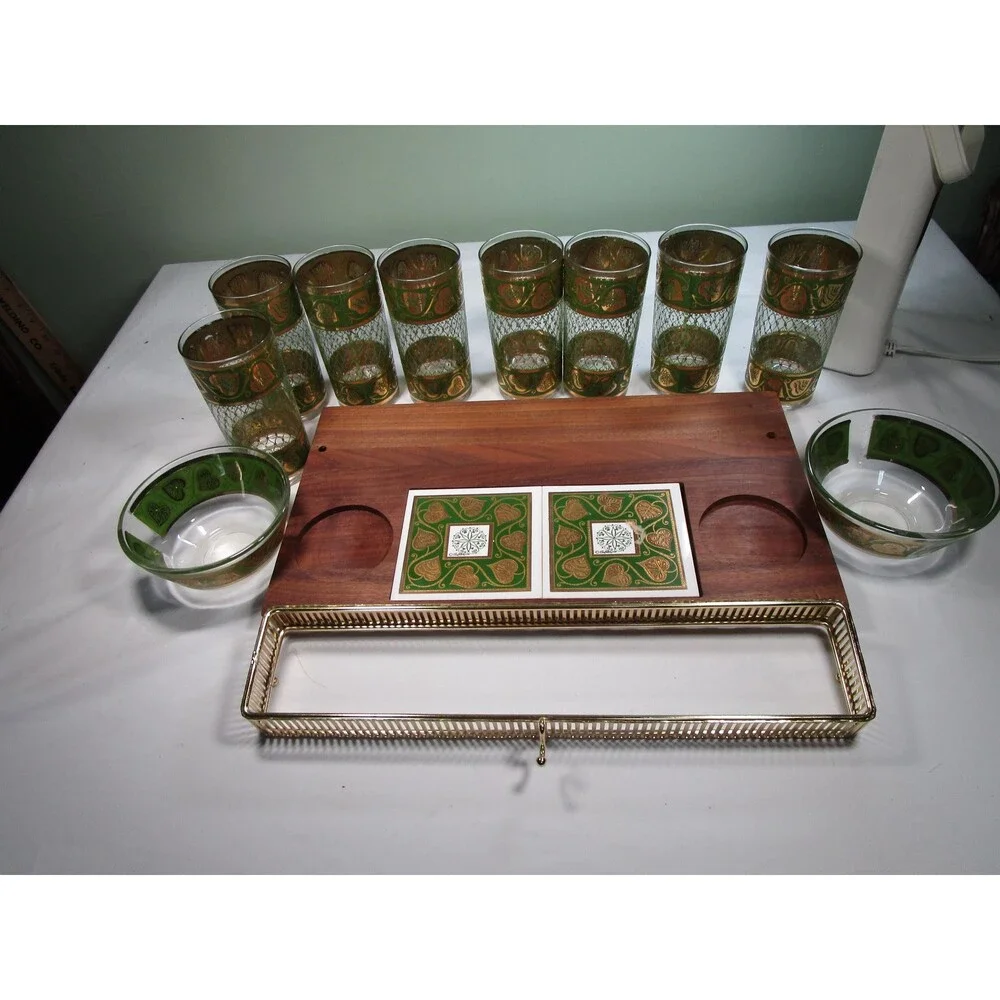 1960s Culver Highball Set, 8 Tumblers, 2 Bowls, Wood Tray, 22k Gold